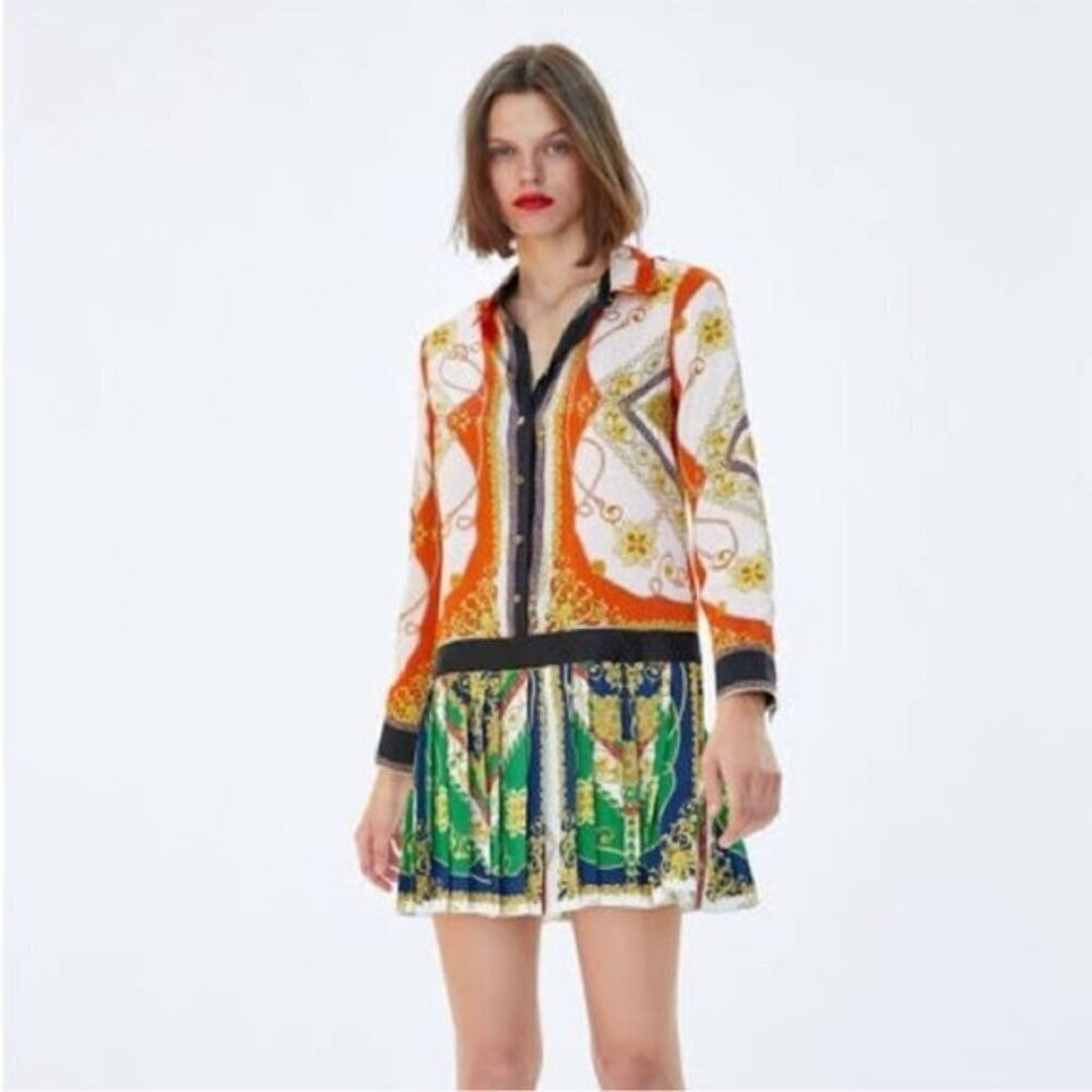 Alpha & Omega WOMAN PATCHWORK CHAIN PRINT PLEATED DRESS MULTICOLOR Sz Small